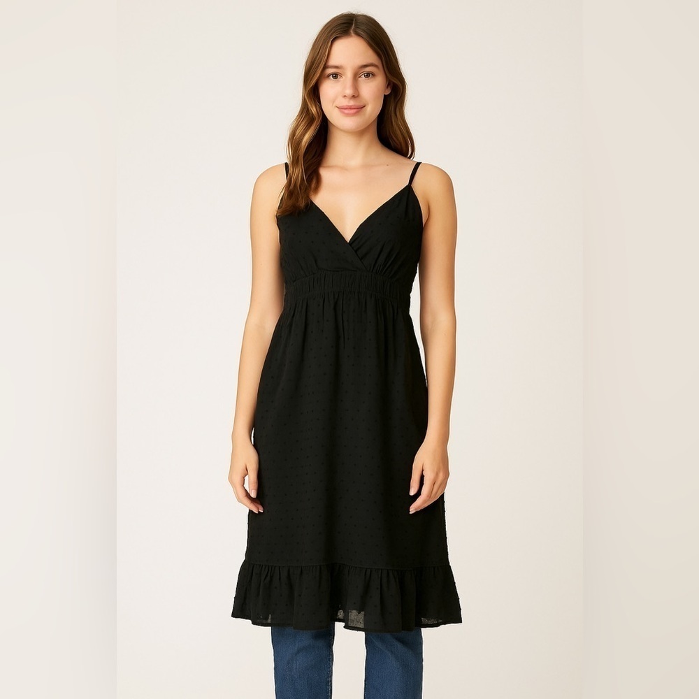 Black Midi Dress Dark Coquette Cottegecore Goth Swiss Dot M Beach Coastal Boho